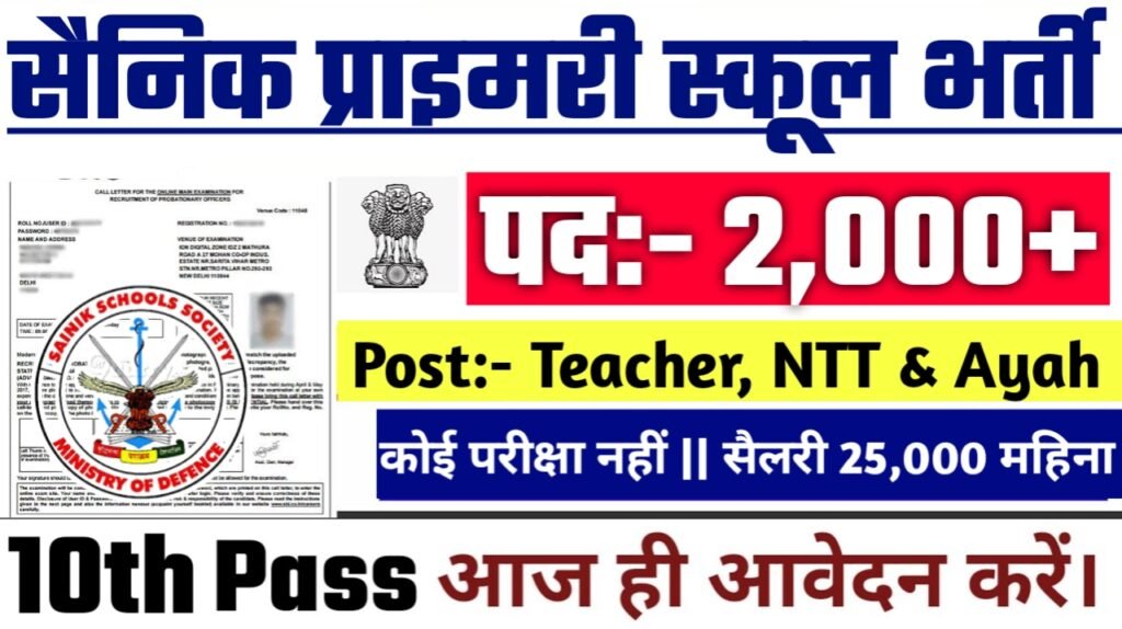 Sainik Primary School New Vacancy 2025- सैनिक प्राइमरी स्कूल भर्ती 2025, Authoritative Notice Out