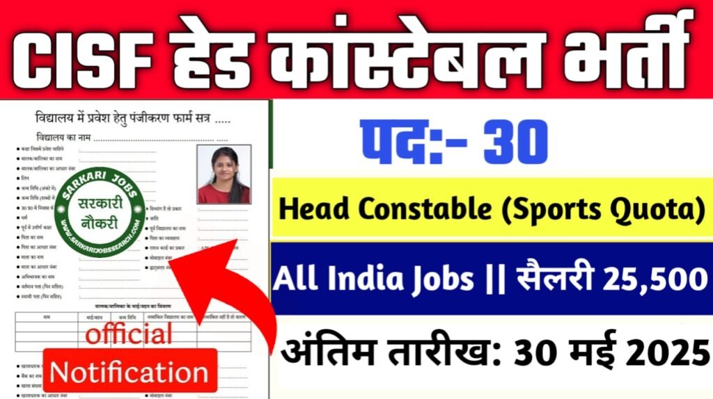 CISF Head Constable New Vacancy 2025- 12वीं पास के लिए सरकारी नौकरी सैलरी ₹81,000 तक
