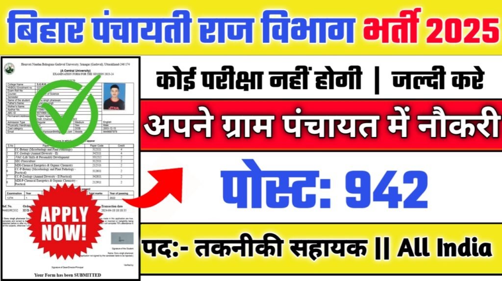 Bihar Panchayati Raj Vibhag New Vacancy 2025- 942 पदों के लिए आवेदन करें – पात्रता, चयन प्रक्रिया और महत्वपूर्ण जानकारी