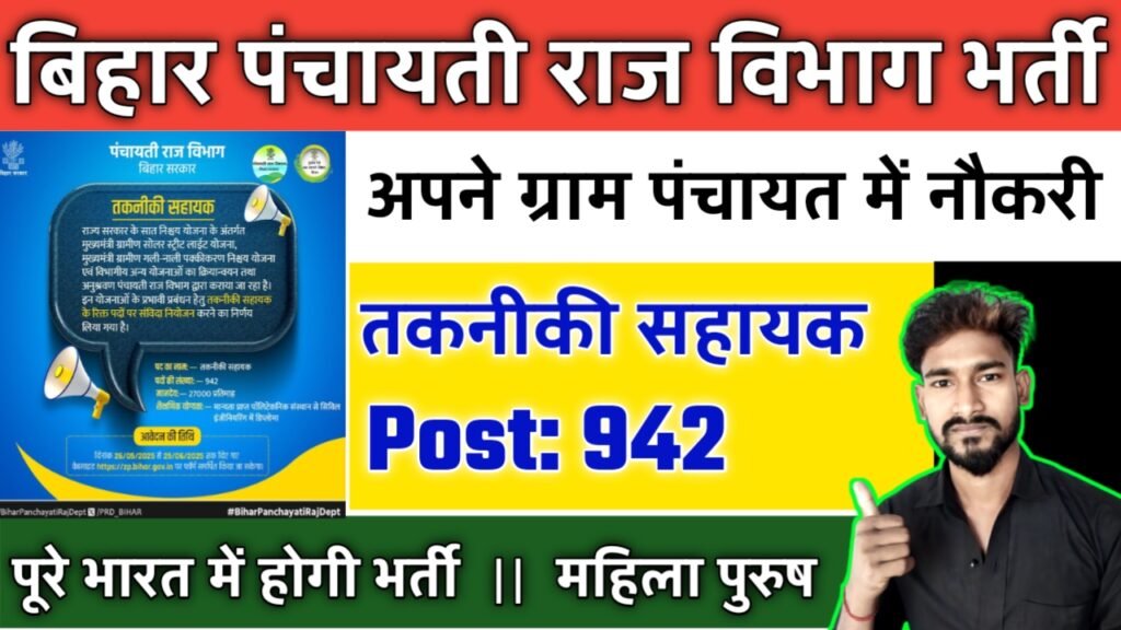 Bihar PRD New Vacancy 2025- बिहार पंचायती राज विभाग में नई भर्ती 942 पदों के लिए ऑनलाइन आवेदन शुरू
