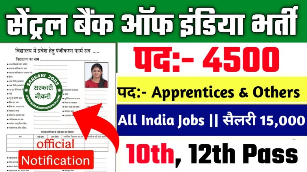 Central Bank of India New Vacancy 2025- सेंट्रल बैंक ऑफ इंडिया मे 4500 पदों पर बम्फर् भर्ती का नोटिस जारी