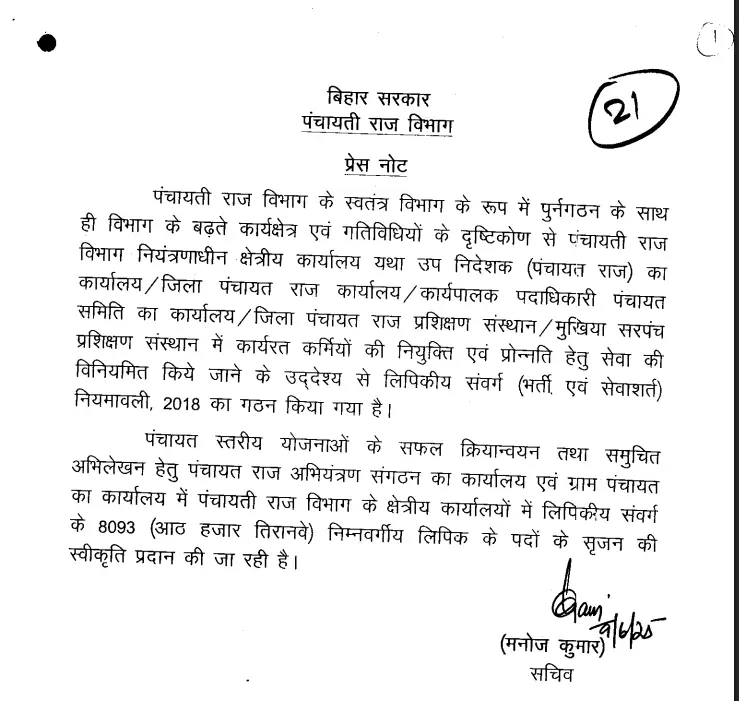 Bihar Panchayati Raj Clerks Vacancy 2025