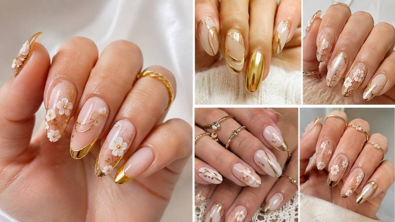 21 Luxe Almond Nail Designs with Gold Chrome and Floral Art for a Chic Summer Look