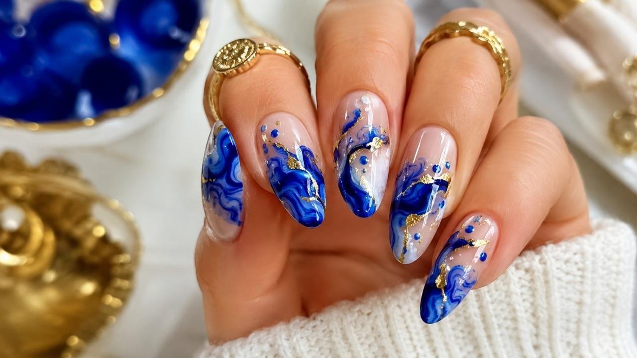 Royal Blue Swirl Nails with Gold Accents: Elegant Summer Nail Art Inspiration